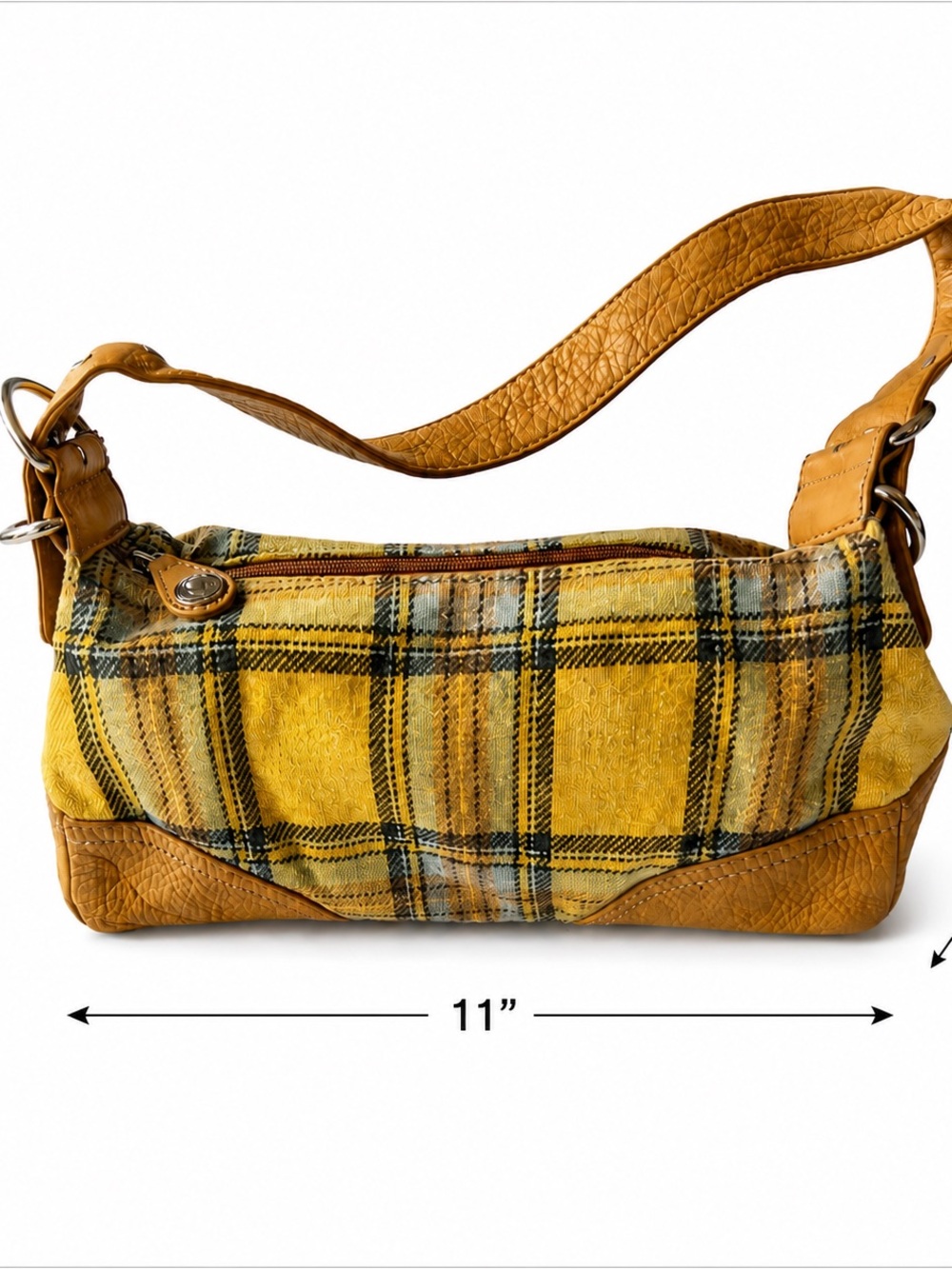 vintage Fossil shoulder yellow plaid pattern Leather Trim Tartan Baguette purse - Picture 8 of 8